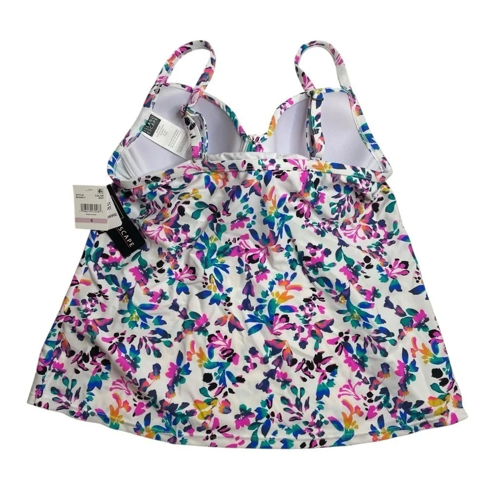 Island Escape Underwire Tankini Top Swimsuit White Floral Size 6 New